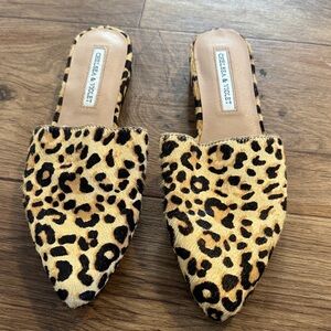 Chelsea & Violet Leopard-Print Pointed Slip-On Mules in Tan and Black